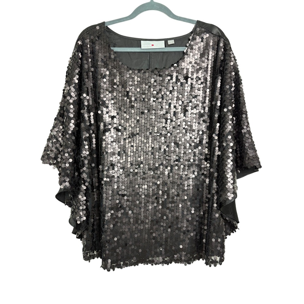 Avenue Studio Womens Plus 18/20 Black Sequin Cape Sleeve Satin Back Blouse Top